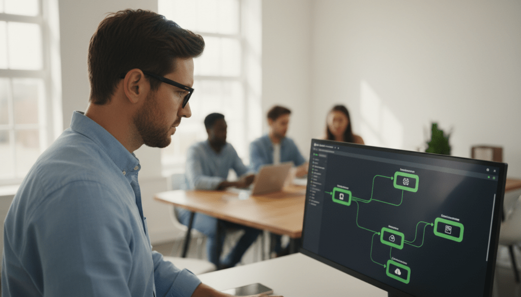 A man doing process automation with a team on the background